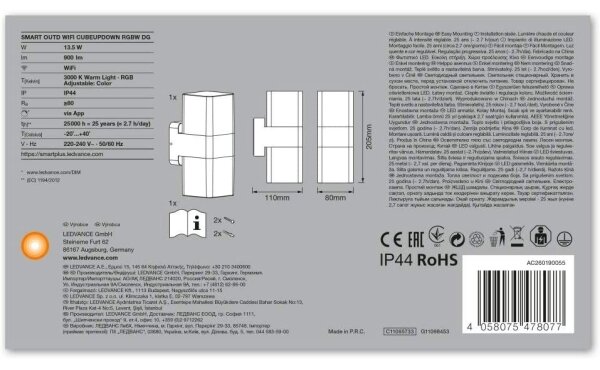 Ledvance - LED RGBW Vonkajšie svietidlo SMART+ CUBE LED/13,5W/230V IP44 Wi-Fi
