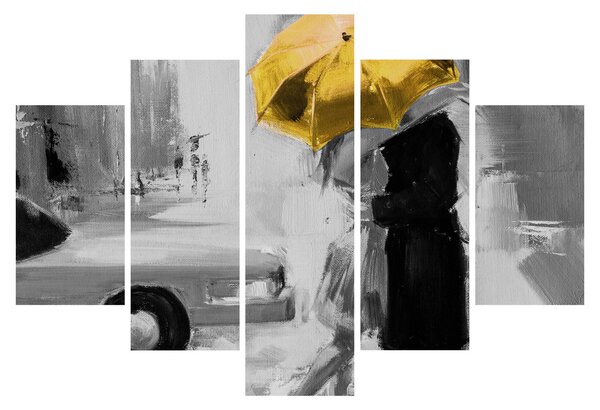 Obraz - Zamilovaný pár pod dáždnikom, žltý (150x105 cm)