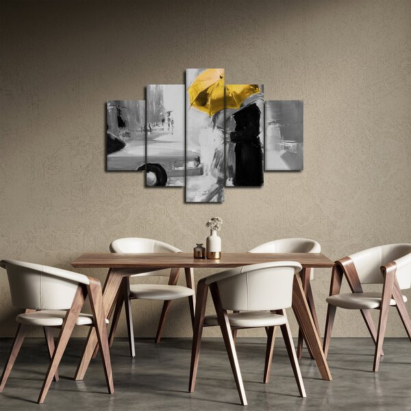 Obraz - Zamilovaný pár pod dáždnikom, žltý (150x105 cm)