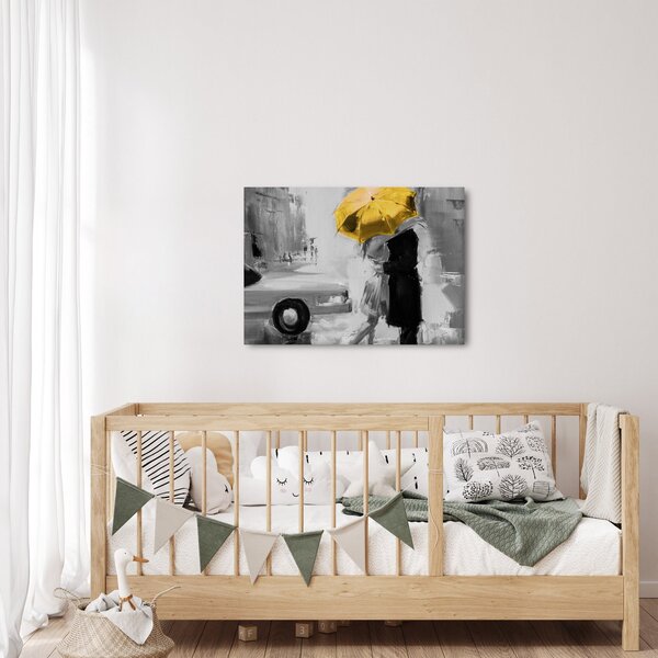 Obraz - Zamilovaný pár pod dáždnikom, žltý (70x50 cm)