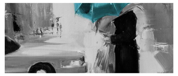 Obraz - Zamilovaný pár s dáždnikom, modrý (120x50 cm)