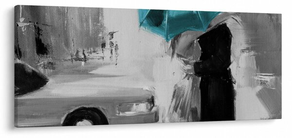 Obraz - Zamilovaný pár s dáždnikom, modrý (120x50 cm)