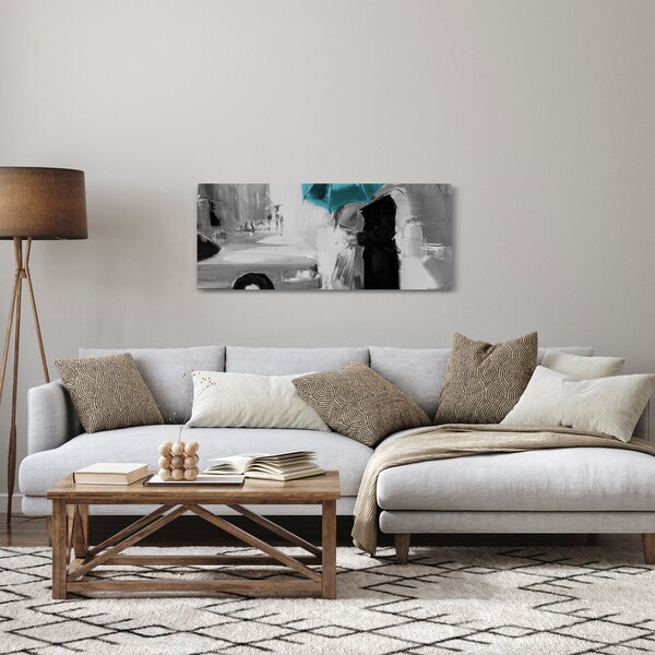 Obraz - Zamilovaný pár s dáždnikom, modrý (120x50 cm)