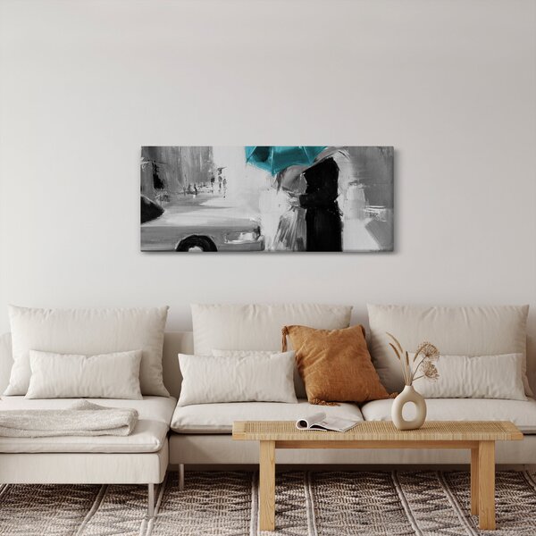 Obraz - Zamilovaný pár s dáždnikom, modrý (120x50 cm)