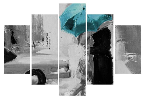 Obraz - Zamilovaný pár s dáždnikom, modrý (150x105 cm)