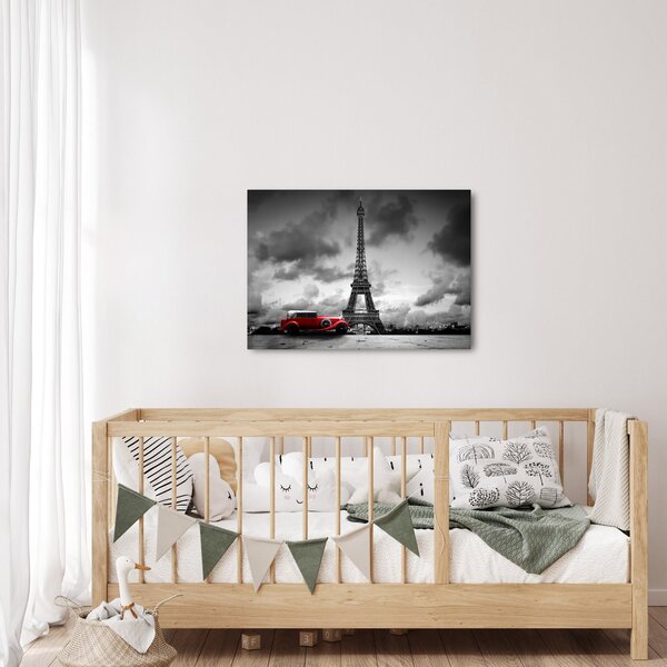 Obraz - Eiffelova veža a červené auto (70x50 cm)