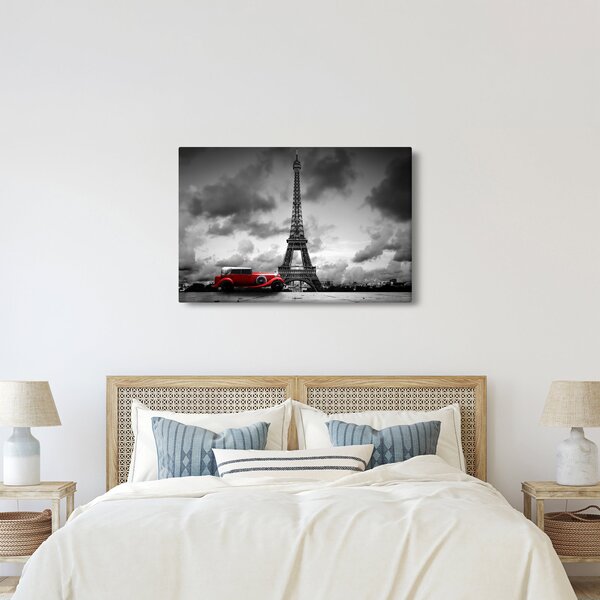 Obraz - Eiffelova veža a červené auto (90x60 cm)
