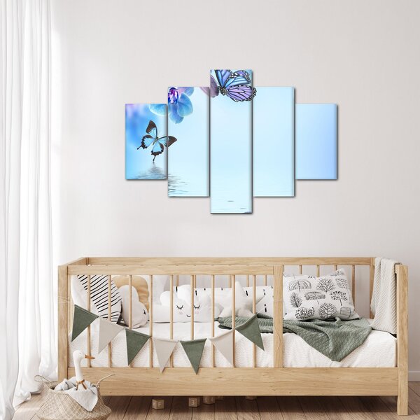 Obraz - Motýľ na kvetoch orchidey, modrý (150x105 cm)
