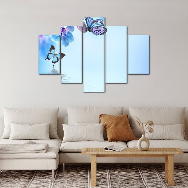 Obraz - Motýľ na kvetoch orchidey, modrý (150x105 cm)