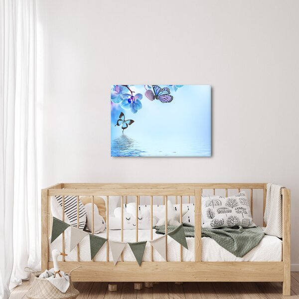 Obraz - Motýľ na kvetoch orchidey, modrý (70x50 cm)