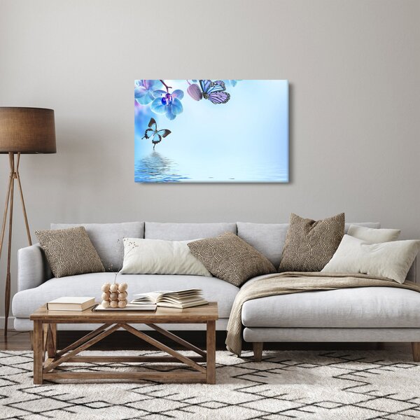 Obraz - Motýľ na kvetoch orchidey, modrý (90x60 cm)