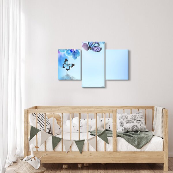 Obraz - Motýľ na kvetoch orchidey, modrý (90x60 cm)