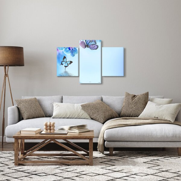 Obraz - Motýľ na kvetoch orchidey, modrý (90x60 cm)