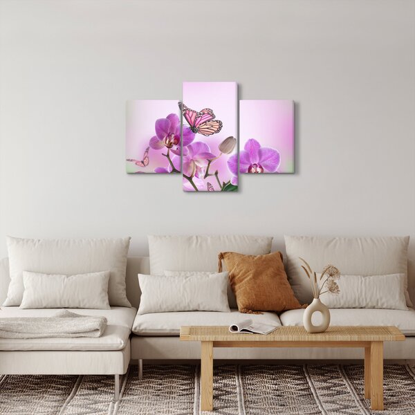 Obraz - Motýľ na kvetoch orchidey, lila (90x60 cm)