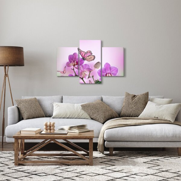 Obraz - Motýľ na kvetoch orchidey, lila (90x60 cm)