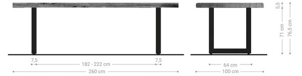 DELIFE Jedálenský stôl Edge 260×100 XL akácia platinová nerezová oceľ široký Live-Edge