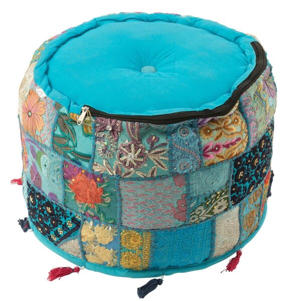 Modrý okrúhly Pouf vankúš so vzorovaním a strapcami – 40*40*30 cm - J-Line by Jolipa