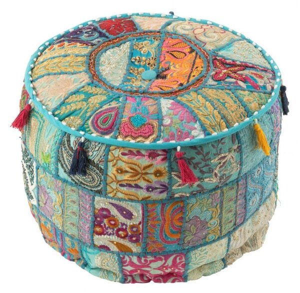 Modrý okrúhly Pouf vankúš so vzorovaním a strapcami – 40*40*30 cm - J-Line by Jolipa