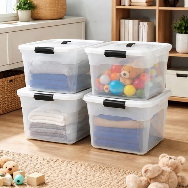 Sada 4 úložných boxov s viečkami, 30 l, plast, priehľadné
