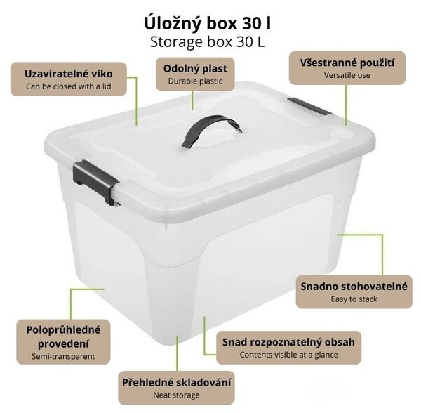 Sada 4 úložných boxov s viečkami, 30 l, plast, priehľadné