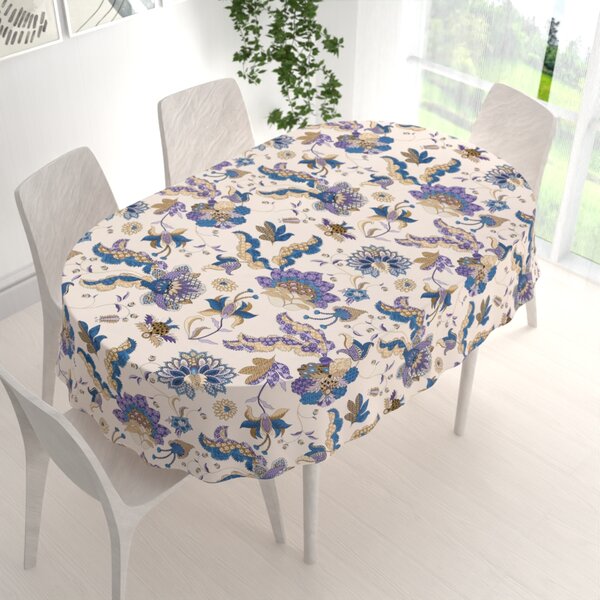 Biante Bavlnený oválny obrus Sandra SA-539 Modro-fialové orientálne kvety na svetlo béžovom 50x100 cm