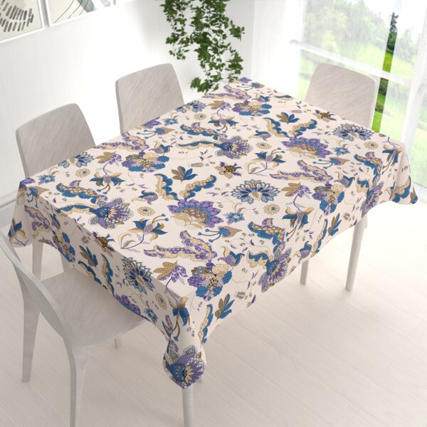 Biante Bavlnený obdĺžnikový obrus Sandra SA-539 Modro-fialové orientálne kvety na svetlo béžovom 50x100 cm