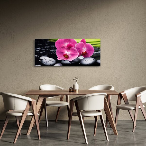 Obraz - Ružové orchidey s palmovým listom (120x50 cm)