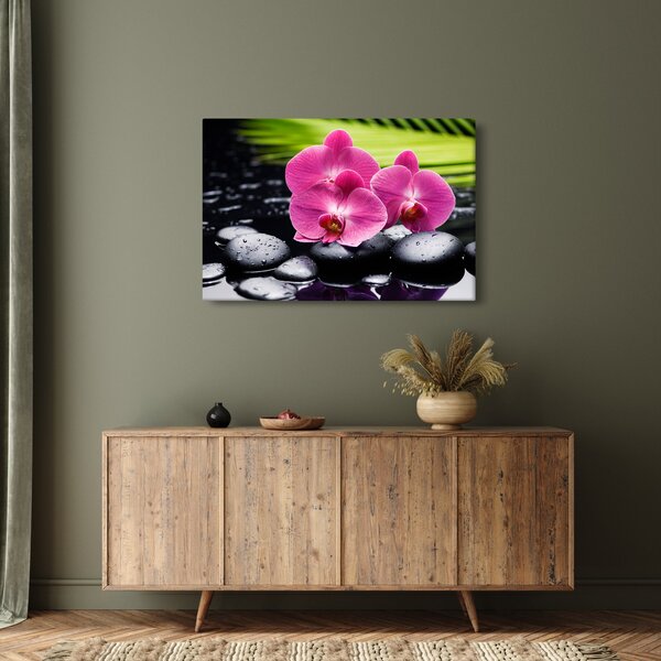Obraz - Ružové orchidey s palmovým listom (90x60 cm)