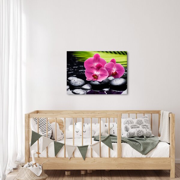 Obraz - Ružové orchidey s palmovým listom (70x50 cm)