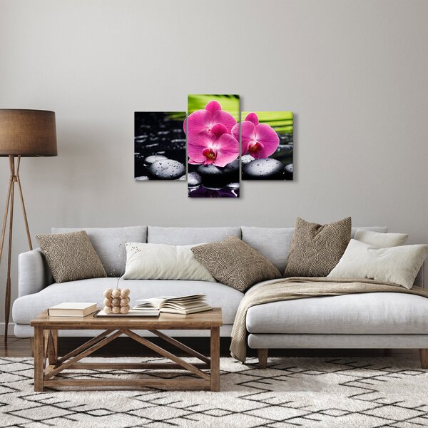 Obraz - Ružové orchidey s palmovým listom (90x60 cm)