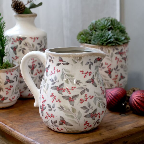 Béžový baňatý keramický džbán s cezmínou Holly - 13*16*15,5 cm - Chic Antique