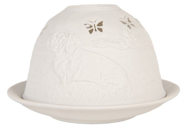 Biely porcelánový svietnik s jazvečíkmi Paollo - Ø 12*8 cm - Clayre & Eef