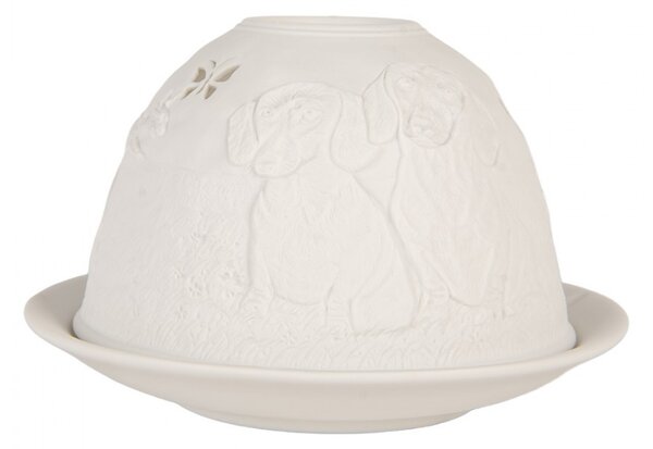 Biely porcelánový svietnik s jazvečíkmi Paollo - Ø 12*8 cm - Clayre & Eef