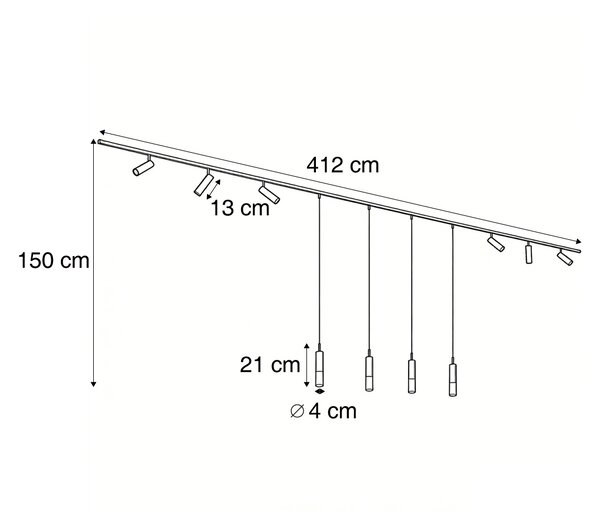 Moderný koľajnicový systém čierny so 6 bodovými svetlami a 4 závesnými svetlami 1-fázový - Slimline Uzzy Loyce