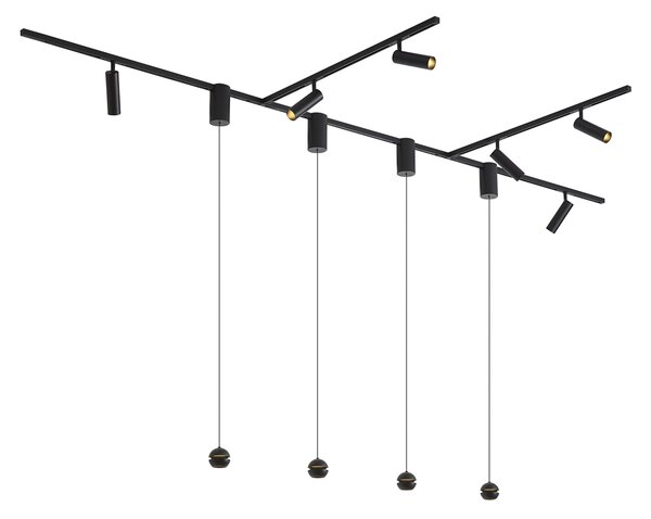 Moderný koľajnicový systém čierny so 6 bodovými svetlami a 4 závesnými svietidlami Easylift 1-fázový - Slimline Uzzy Tira