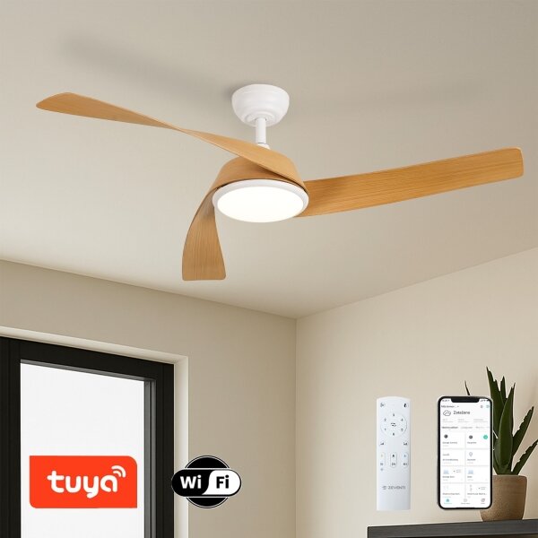 ZEVENTI - LED stropný ventilátor AERYS LED/24W/230V Wi-Fi Tuya biela/dub + diaľkové ovládanie