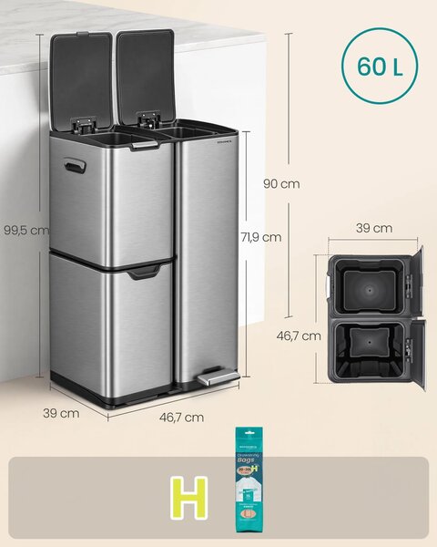 SONGMICS Koš na tříděný odpad Anula 60 L stříbrný