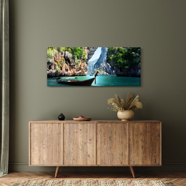 Obraz - Vodná stredomorská krajina s loďou (120x50 cm)