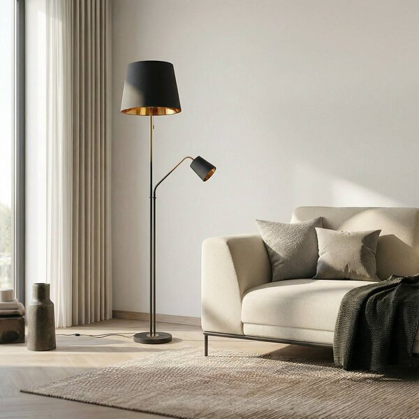 Lindby Stojacia lampa Efalia, čierna/zlatá, textil, svetlo na čítanie, Čierna, Obývacia izba / jedáleň, kov, Moderný, Stojaca lampa