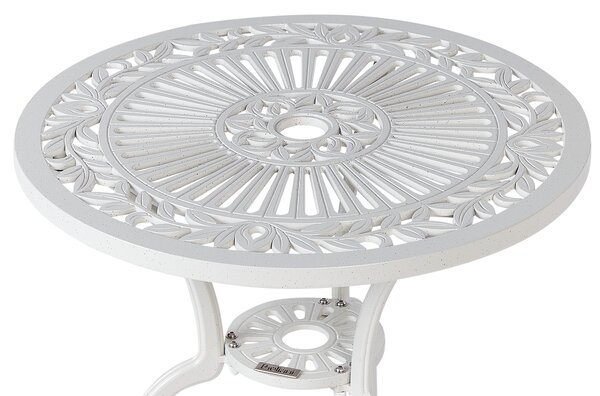 Záhradný bistro stolík krémová biela hliníkový okrúhly 61 cm vonkajší stôl vintage dizajn