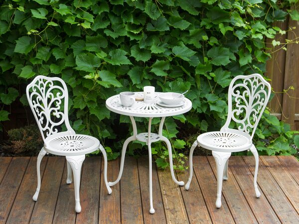Záhradný bistro stolík krémová biela hliníkový okrúhly 61 cm vonkajší stôl vintage dizajn