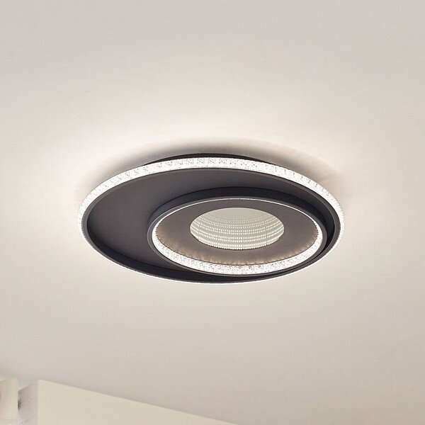 Lindby stropné LED svetlo Inessa, Ø 51 cm, čierne, stmievateľné, Čierna, Obývacia izba / jedáleň, kov, Moderný, Závesné svietidlo