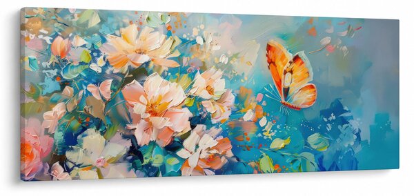 Obraz - Motýľ a kvety, olejomaľba II. (120x50 cm)