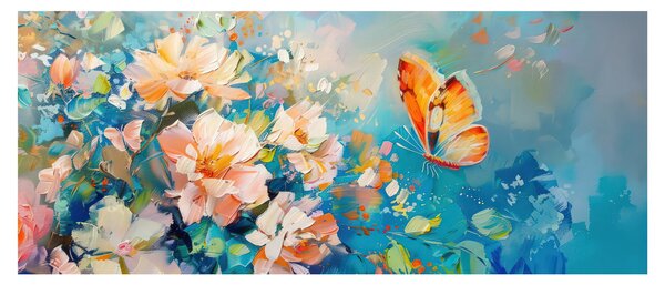 Obraz - Motýľ a kvety, olejomaľba II. (120x50 cm)