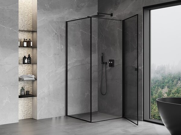 Mexen Mist-B, 1-krídlový výklopný sprchový kút, pravý, 90 x 90 cm, číre sklo-čierny rám, 8A2T-090-090-70-70-P
