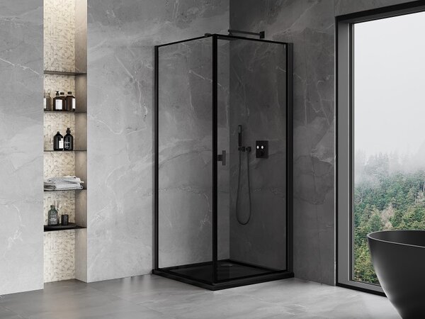 Mexen Mist-B, 1-krídlový výklopný sprchový kút, pravý, 90 x 90 cm, číre sklo-čierny rám, 8A2T-090-090-70-70-P