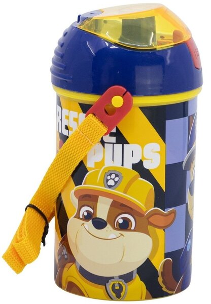 Plastová fľaša na pitie so slamkou, viečkom a popruhom Labková patrola - Paw Patrol - motív Rescue Pups - 450 ml