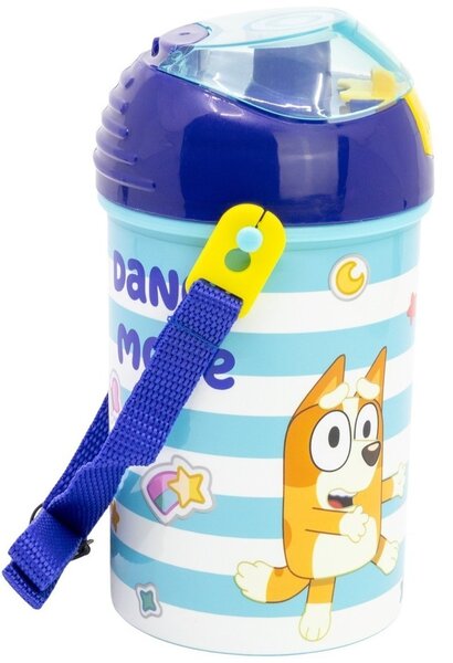Plastová fľaša na pitie so slamkou, viečkom a popruhom Bluey - BPA Free - 450 ml