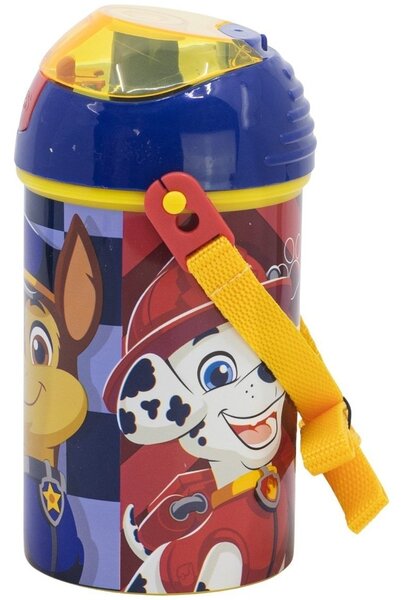 Plastová fľaša na pitie so slamkou, viečkom a popruhom Labková patrola - Paw Patrol - motív Rescue Pups - 450 ml