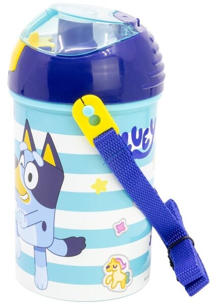 Plastová fľaša na pitie so slamkou, viečkom a popruhom Bluey - BPA Free - 450 ml